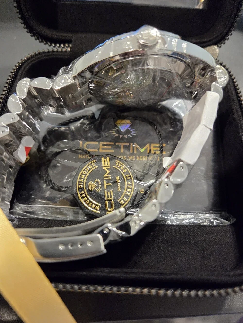 IceTime Jubilee 41mm Men White Gold Steel Watch Black Dial Iced 0.10ct Diamonds